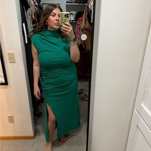 Anthopologie mock neck Green Sleeveless Dress with thigh slit